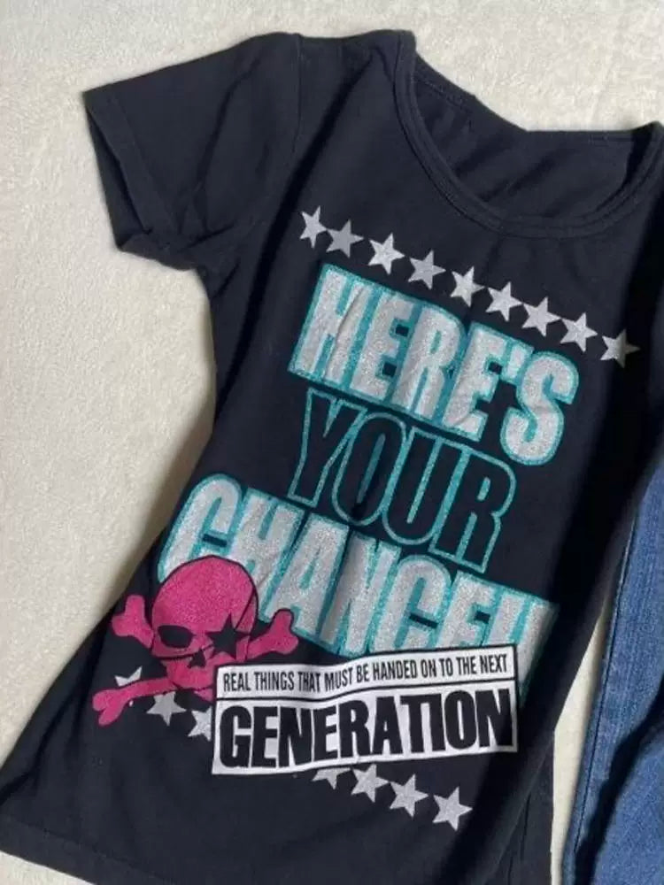 Blue Rock Punk Vintage Skull Print Y2K T-Shirt