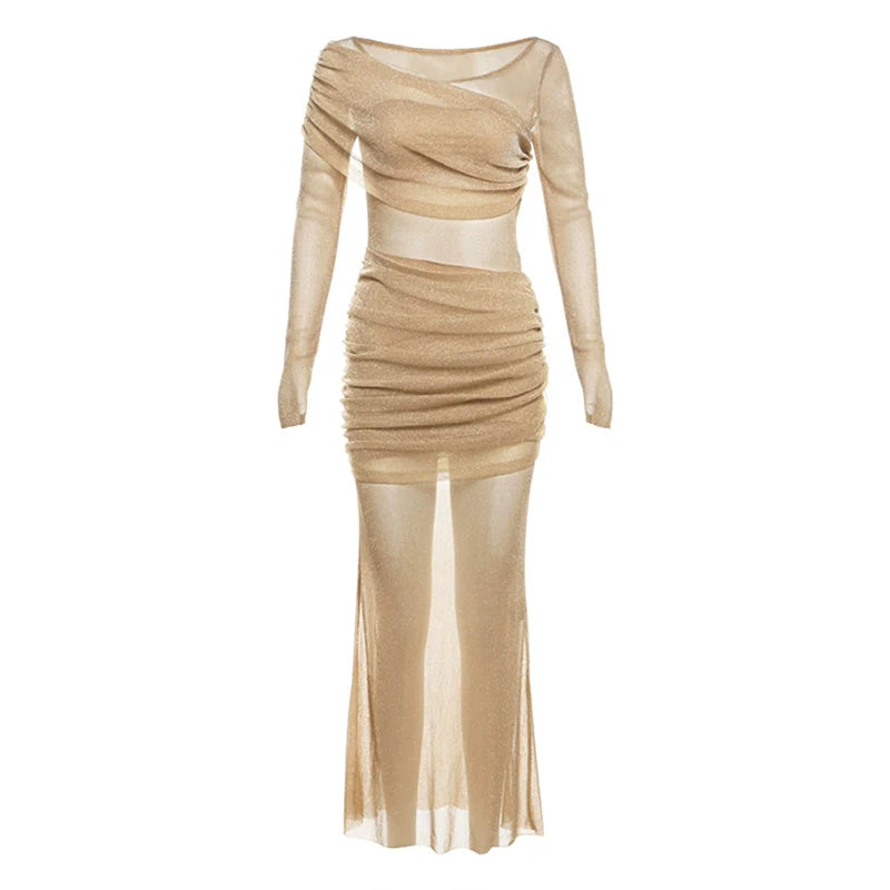 French Luxury Sheer Lustrous Silk Ruched Fat-Hiding Slimming Maxi Dress