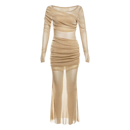 French Luxury Sheer Lustrous Silk Ruched Fat-Hiding Slimming Maxi Dress