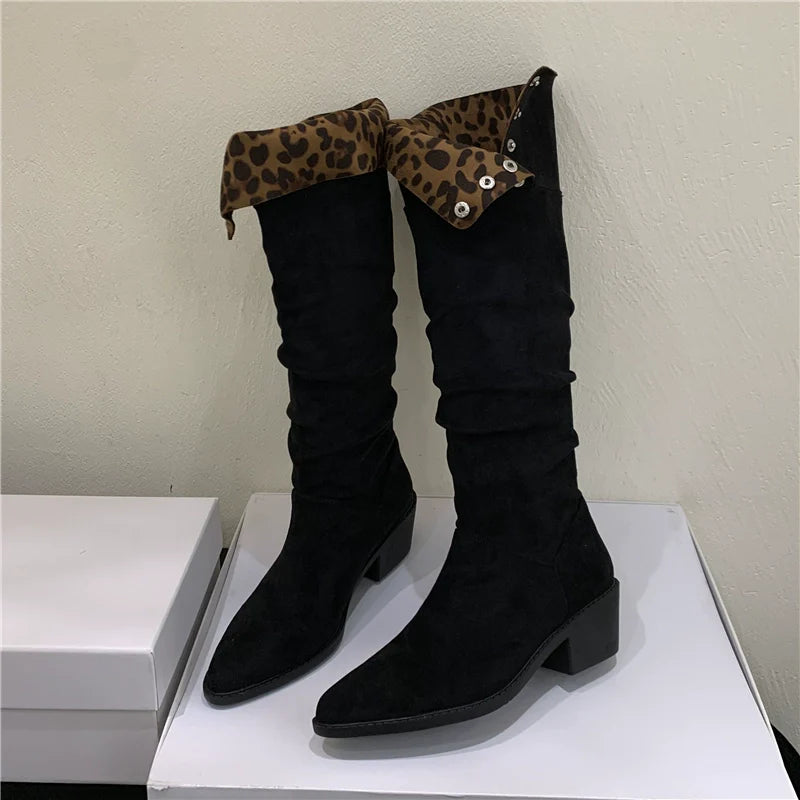 Versatile Foldable Slouchy Leopard Print Suede Retro Chunky Heel Western Knee High Women's Boots