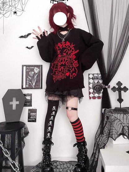 Y2K Punk Bandage Bunny V-Neck Black-Red Sweater