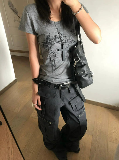 Y2K Printed Wide Neck Crop Top Slim Fit Tee