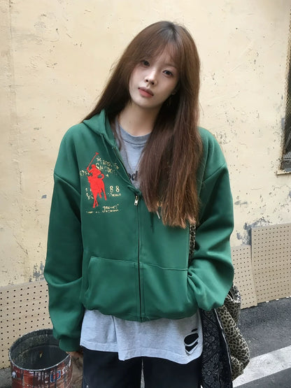 Vintage Letter Embroidered Hoodie Zip-Up for Autumn Winter