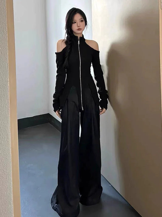 Black Y2K Halter Off-Shoulder Knit Cardigan