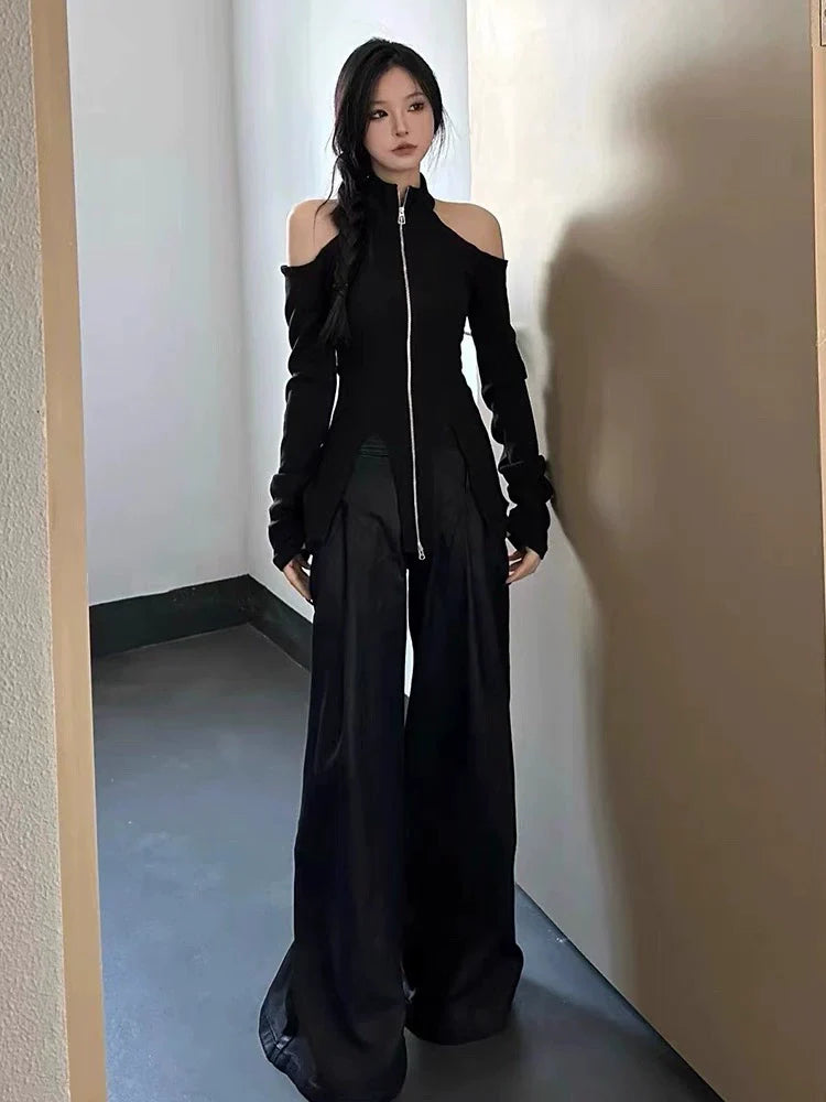 Black Y2K Halter Off-Shoulder Knit Cardigan