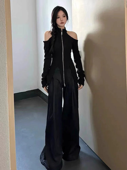 Black Y2K Halter Off-Shoulder Knit Cardigan