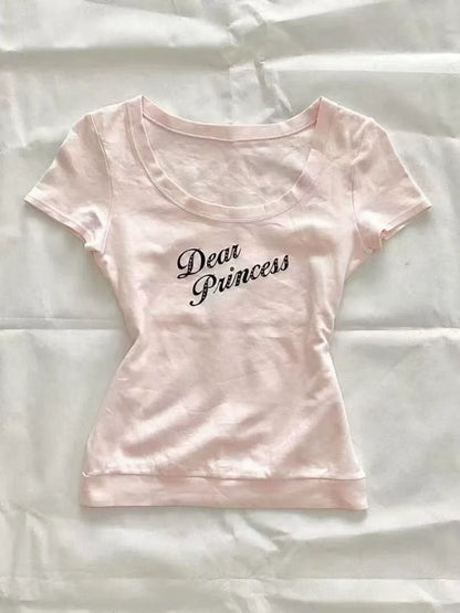 Pink Subculture Y2K E-girl Abi American Retro Vintage Letter Print Short Sleeve Top