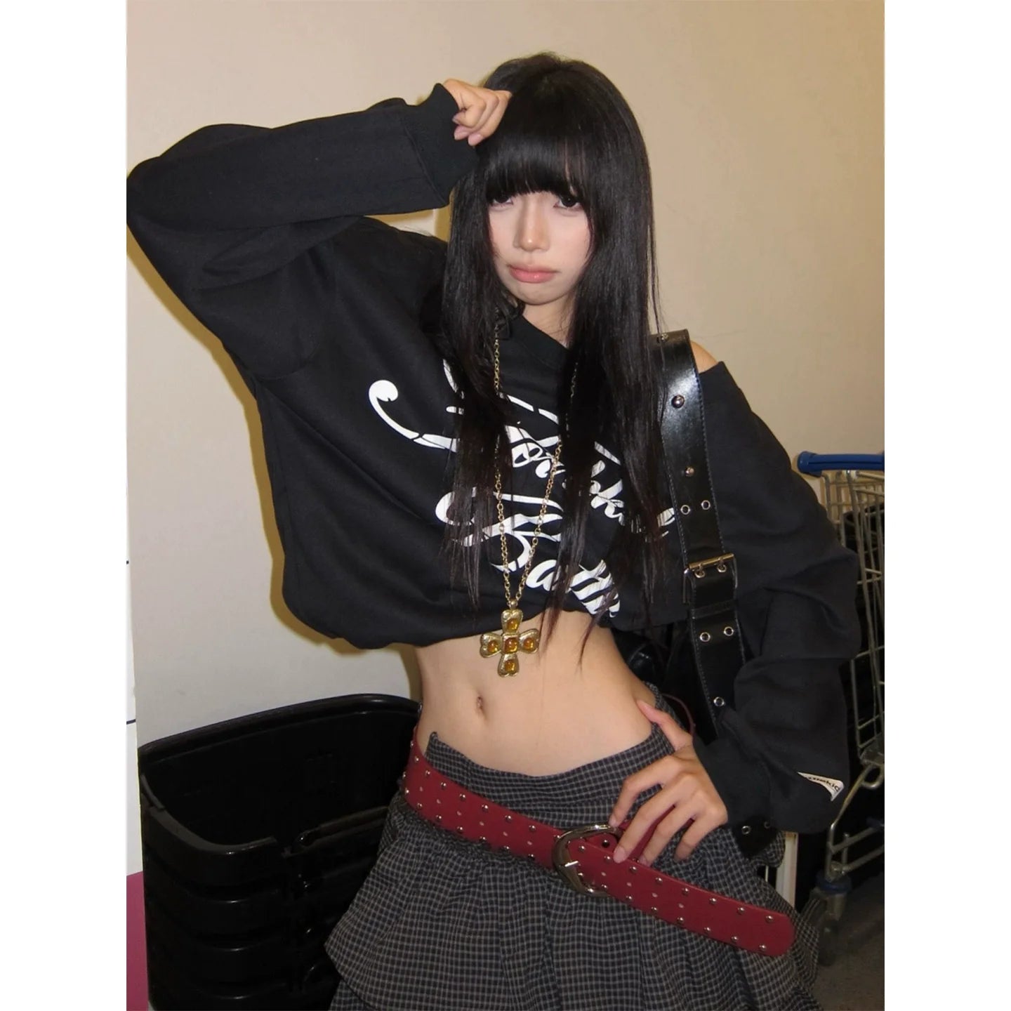 American Off-Shoulder Black Sweatshirt Vintage Letter Print Loose Top