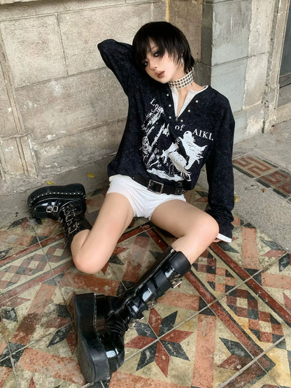 Y2K Fake Two Piece Pearl V Neck Hoodie