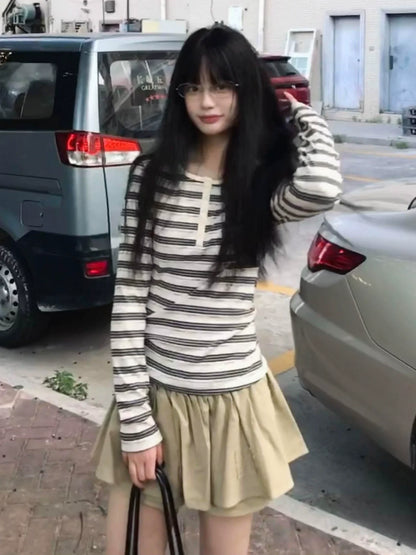 Retro Black White Striped Henley Long Sleeve Top