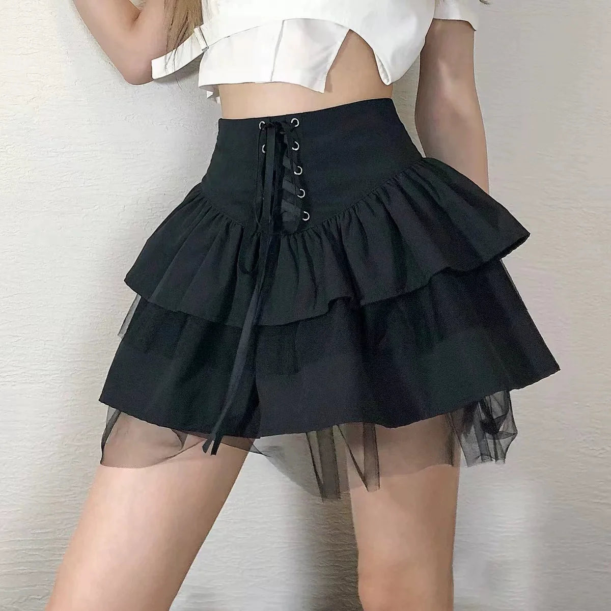 Black [With Lining] Subculture Punk Y2K E-girl Tie-Waist Fluffy High-Waisted Short Slimming Cake Skirt