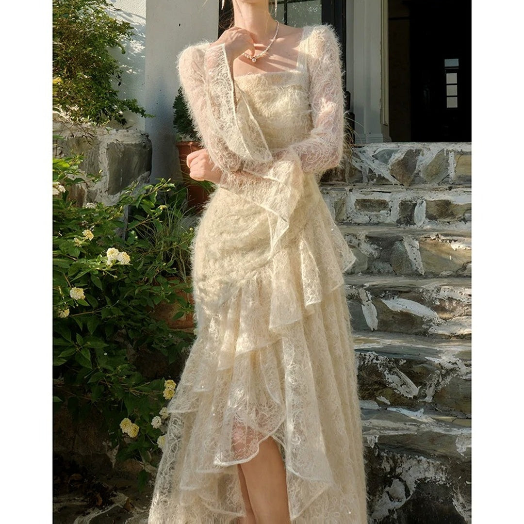 Embroidered Velvet Long Sleeve Gown Prom Dress