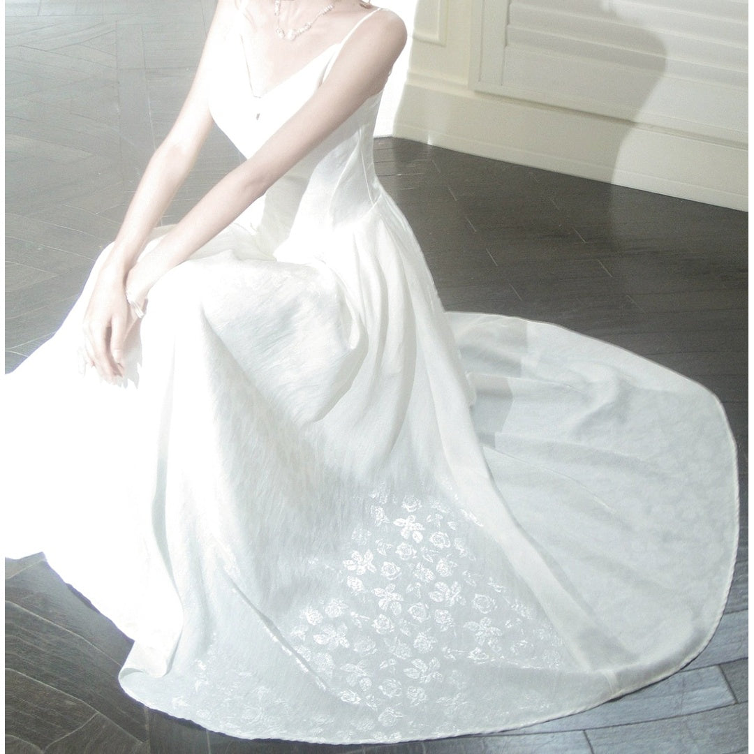 French White Floral Chiffon Halter Gown Dress