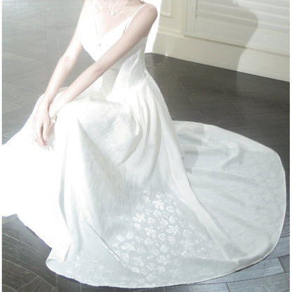 French White Floral Chiffon Halter Gown Dress