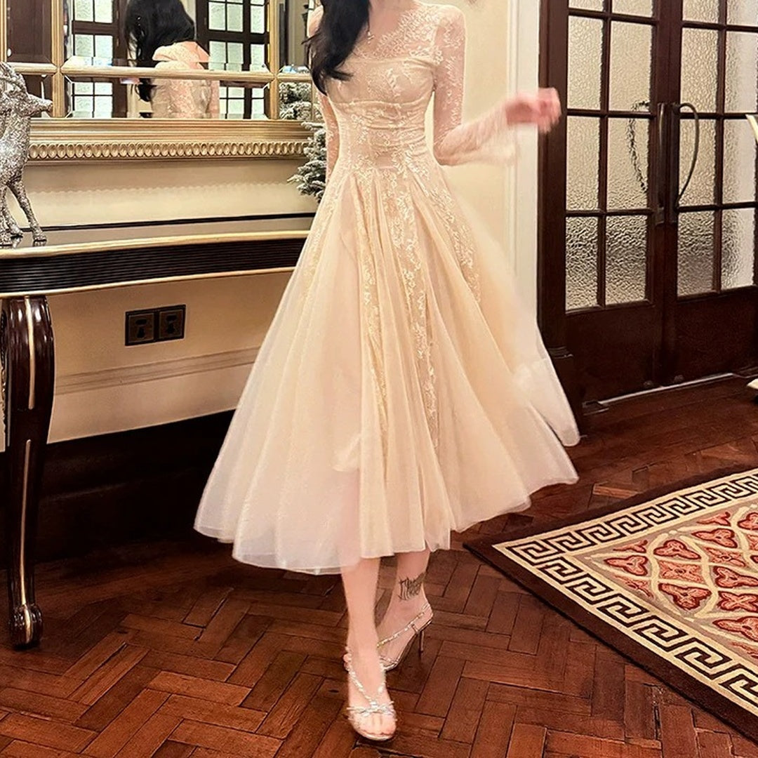 French Vintage Long Sleeve Lace Gown Dress