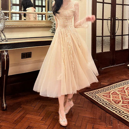 French Vintage Long Sleeve Lace Gown Dress