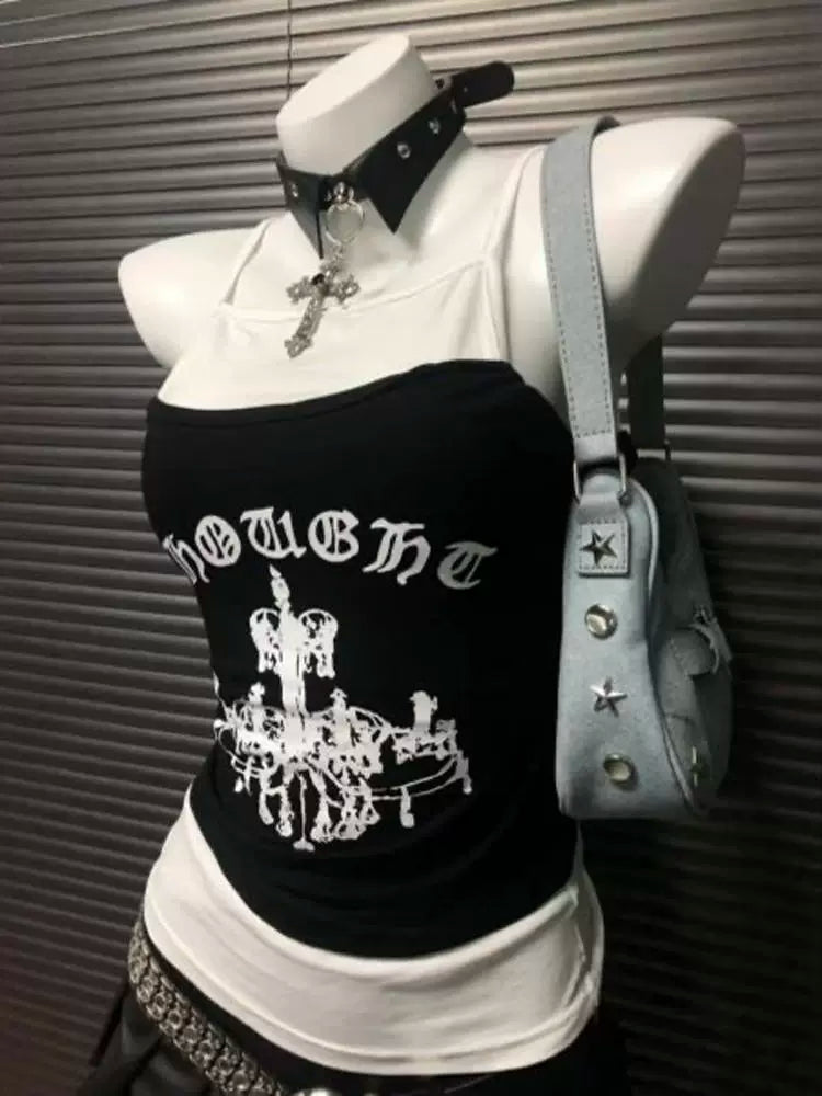 Black & White Color-Block Tank Top Subculture Y2K E-girl Abi American Letter Print Tank Top