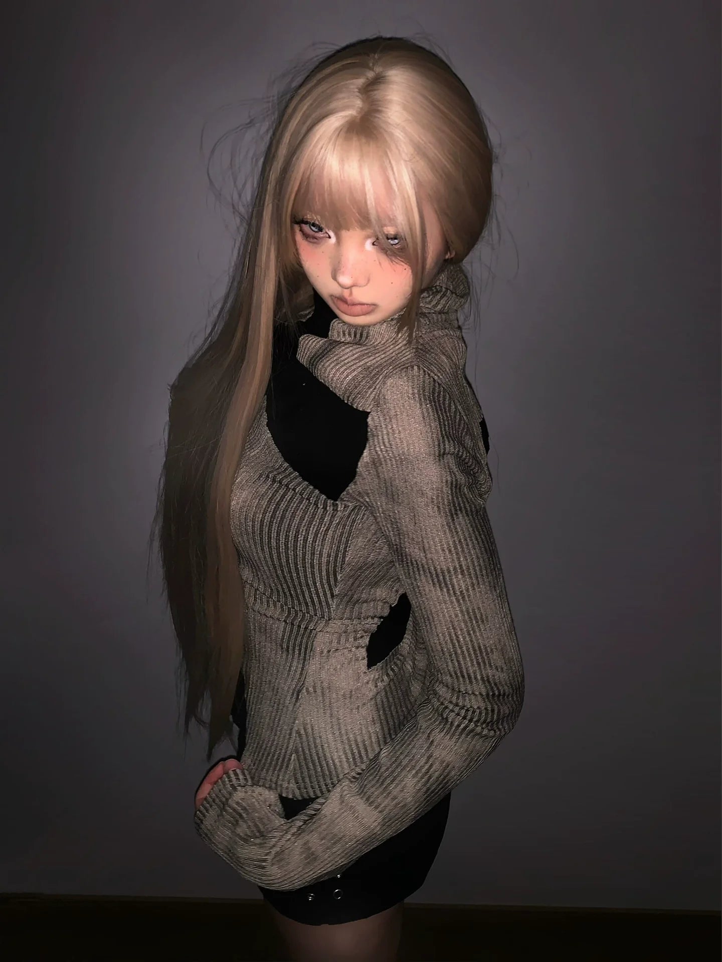 Y2K Subculture Cross Knit Long Sleeve Top  Gothic Slim Fit Punk Visual Kei Shirt