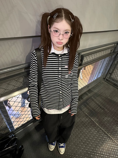 Retro Black White Striped Knit Cardigan Loose Fit