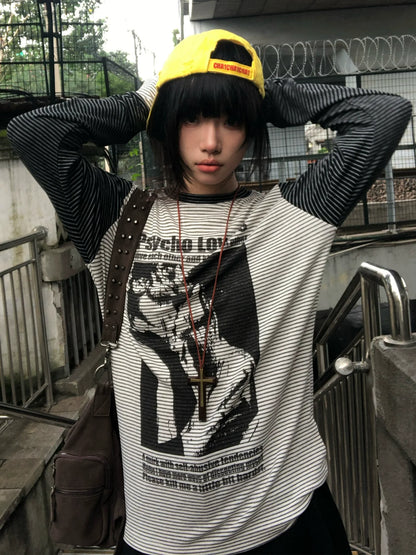 Punk Subculture Striped Long Sleeve Tee Vintage Layered Street Top