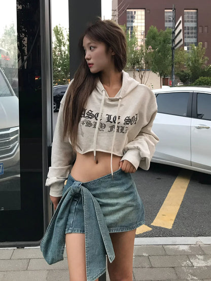 Retro Cropped Hoodie Goth Letter Print Y2K Top