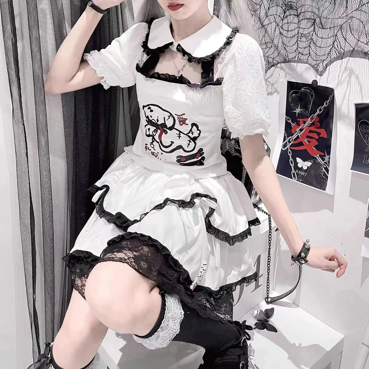 White Subculture Y2K E-girl Lace Cake Skirt Niche Design High-Waisted Tie-Waist Fluffy Skirt