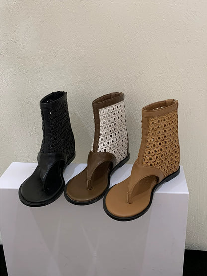 Korean Spicy Girl Retro Toe Post Sandal Boots Petite Lift Mid Calf Niche Foot Slimming Cutout Ankle Boots
