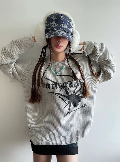 Gray Y2K Punk Light Subculture Retro Distressed Sweater