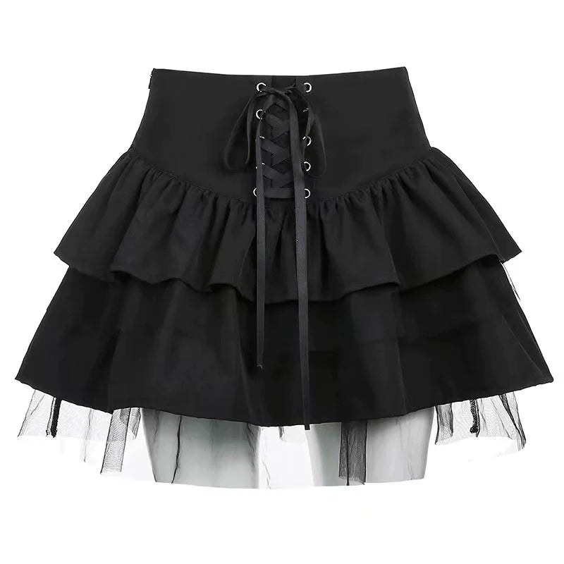 Black [With Lining] Subculture Punk Y2K E-girl Tie-Waist Fluffy High-Waisted Short Slimming Cake Skirt