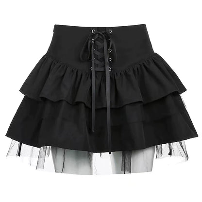 Black [With Lining] Subculture Punk Y2K E-girl Tie-Waist Fluffy High-Waisted Short Slimming Cake Skirt