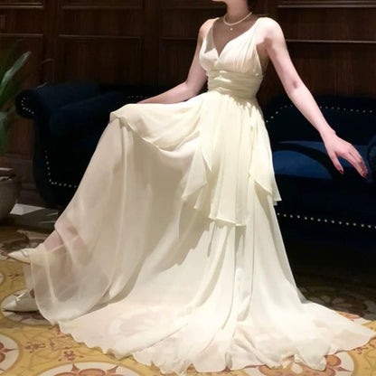 Double Layer Ruffle Fairy Gown V-Neck Prom Dress