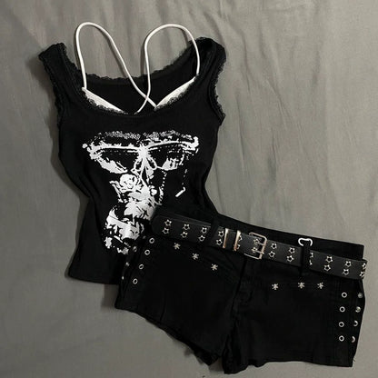 Black Subculture Y2K E-girl Abi American Retro Print Lace-Trimmed Crop Tank Top
