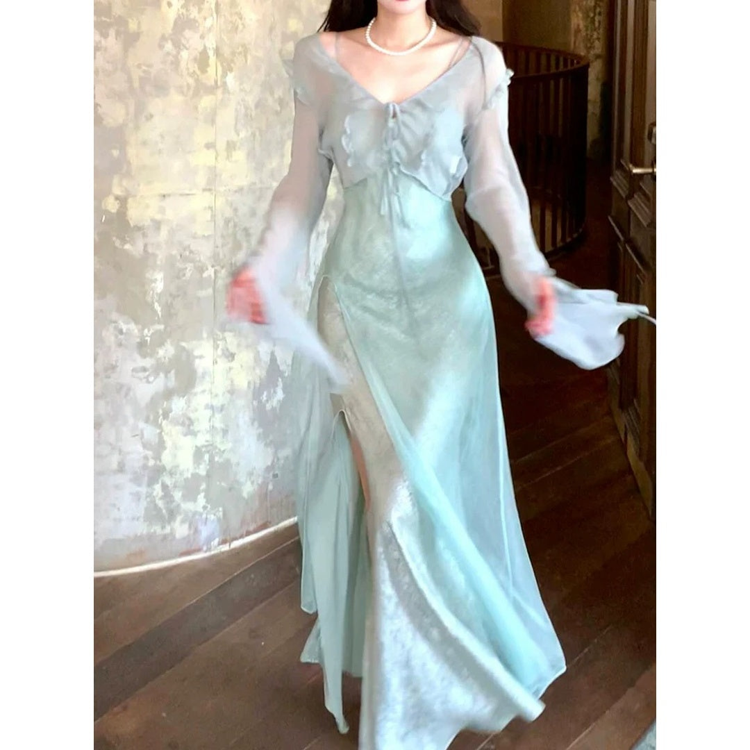 Ruffle Gold Long Sleeve Silk Gown Dress