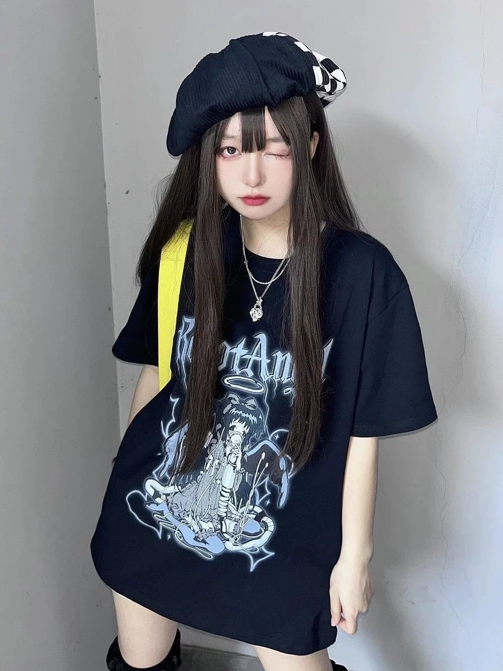 White Harajuku Cartoon Print Niche Design Oversized Y2K T-Shirt