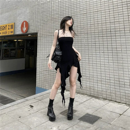 Edgy Black Ruffle-Sash Tube Top Asymmetrical Mini Dress