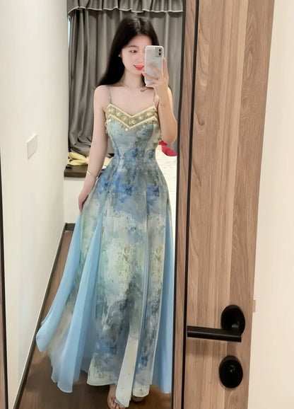 Blue Ombre Print Slip Dress with Lace Trim