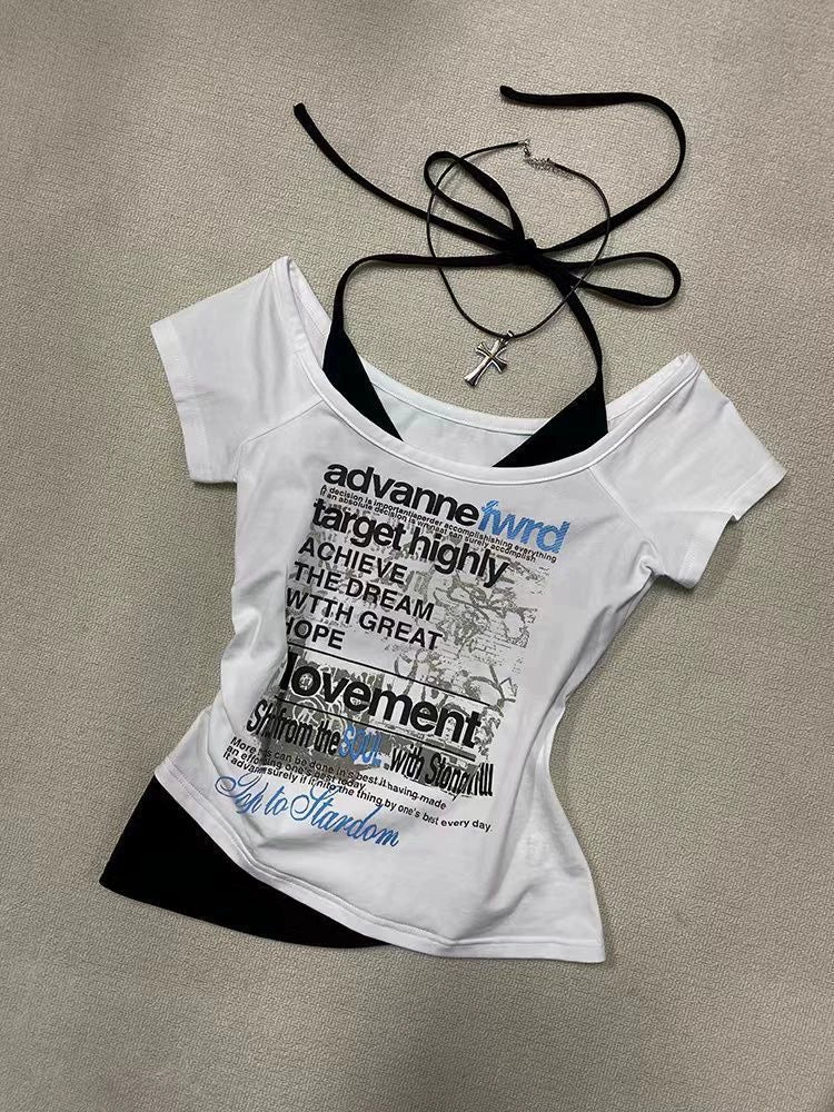 White Subculture Y2K E-girl Abi American Retro Letter Print Halter Fake Two-Piece Short Sleeve Top