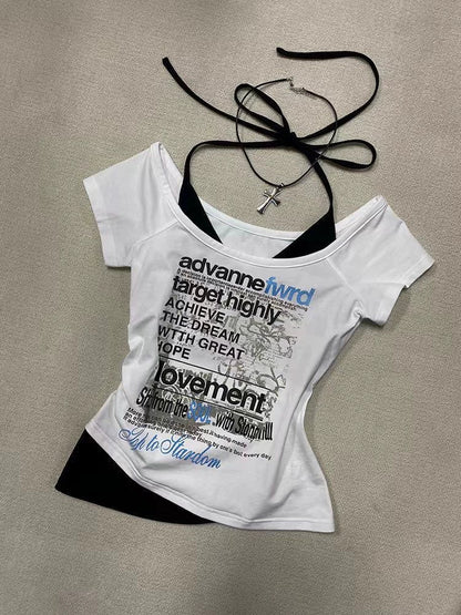 White Subculture Y2K E-girl Abi American Retro Letter Print Halter Fake Two-Piece Short Sleeve Top