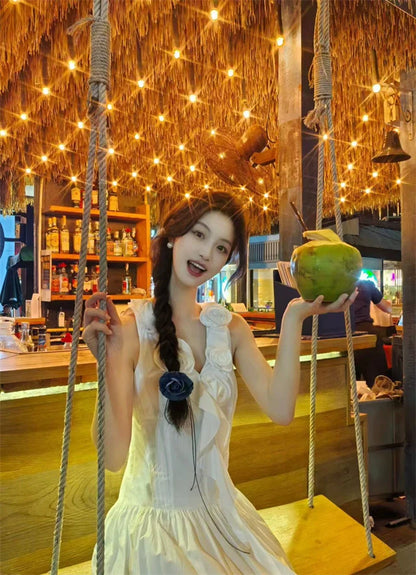 White Sleeveless Midi Dress With 3D Flowers & Ruffles