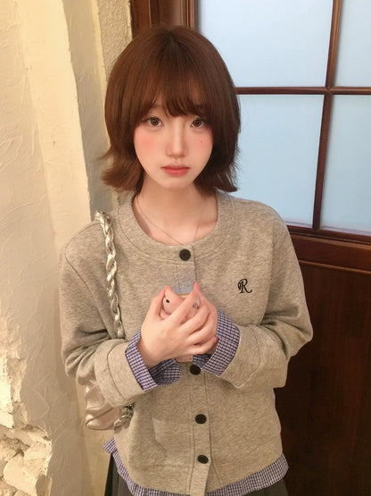 Korean Plaid Layered Cardigan Hoodie  Two-Piece Effect Sweatshirt Preppy Outerwear