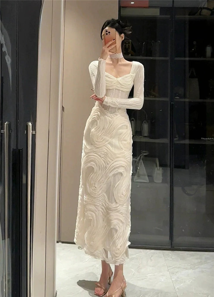 French Romantic White Textured Panel Square-Neck Knit Gown Dress