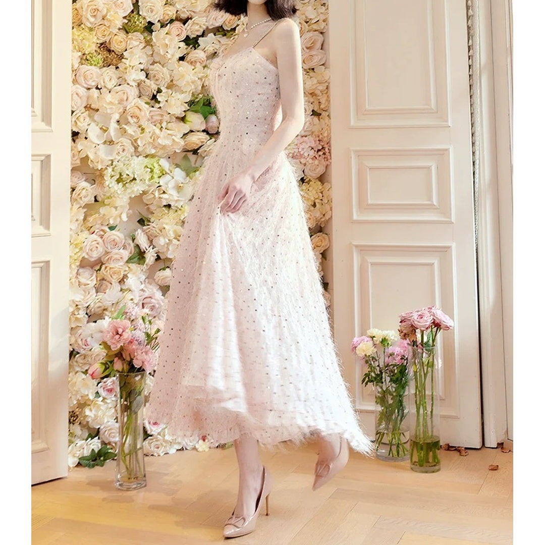 Pink Sequin Fringe Butterfly Gown Dress – French Luxury Party Dress