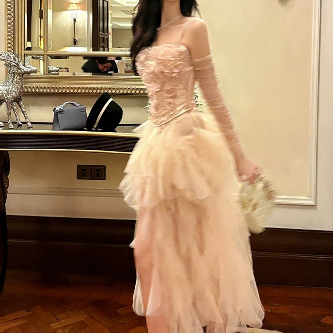 Luxury Pink Rose Tulle Two-Piece Gown Dress