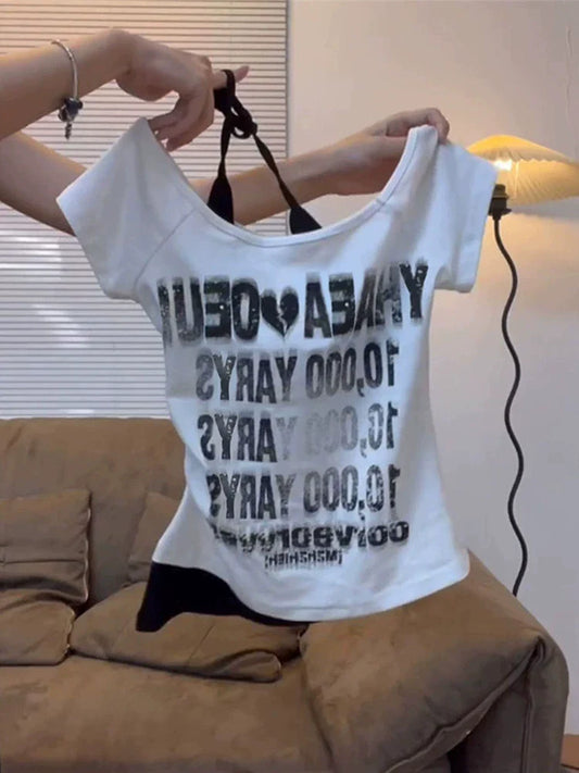 White American Vintage Fake Two-Piece Off-Shoulder Halter Y2K T-Shirt