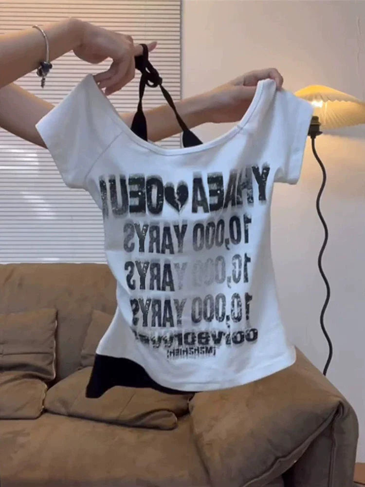 White American Vintage Fake Two-Piece Off-Shoulder Halter Y2K T-Shirt