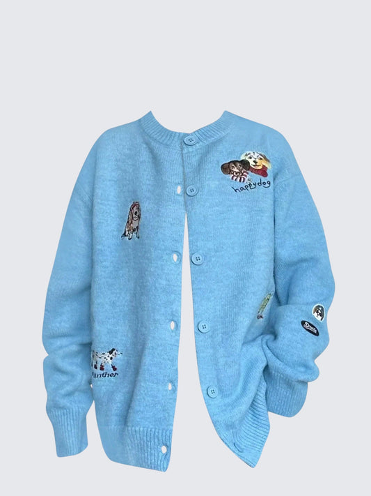 Blue Dog Embroidered Knit Cardigan Women