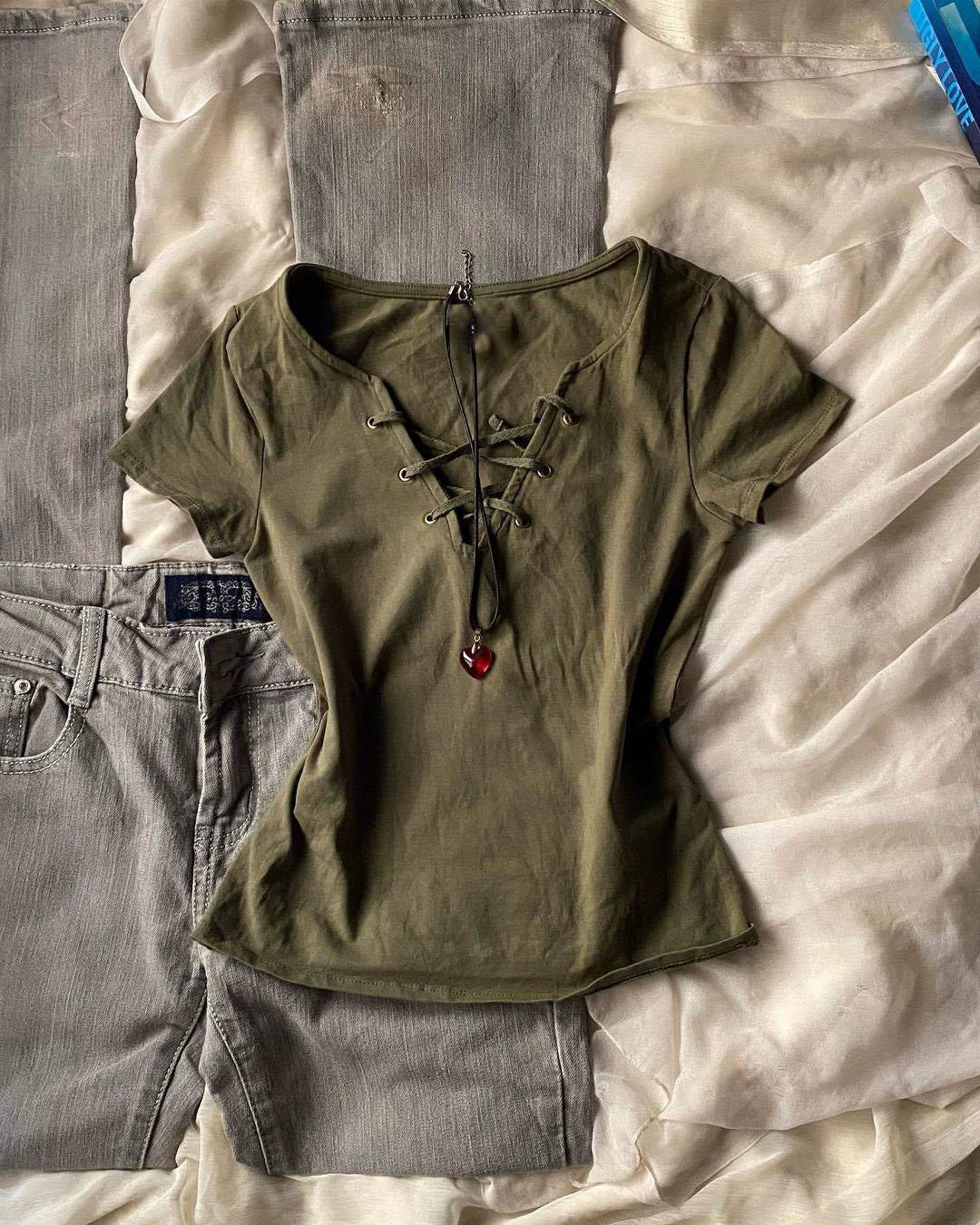 Army Green Subculture Original Y2K E-girl Retro V-neck Tie-Detail Slim-Fit Short Sleeve Top