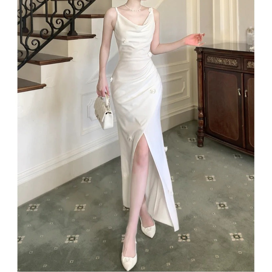French Slim Fit Spaghetti Strap Slit Gown Dress