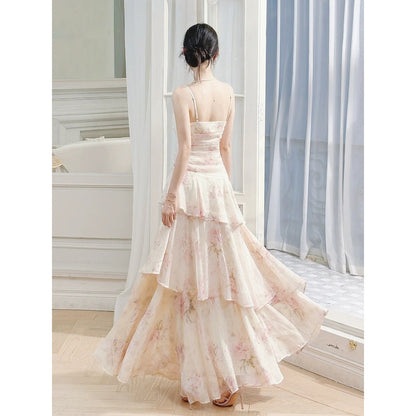 French Floral Waist Spaghetti Strap Gown Dress