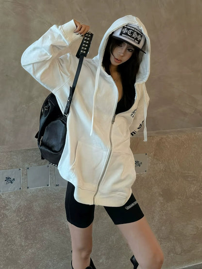 American Heavyweight Gothic Hoodie Autumn-Winter Zip-Up Pullover Letter Print Streetwear Top